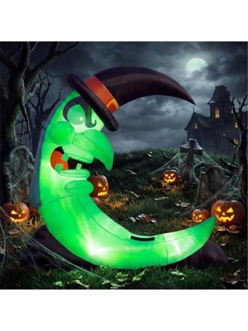 9FT Green Witch Moon Halloween Inflatables Outdoor Decorations with Bench